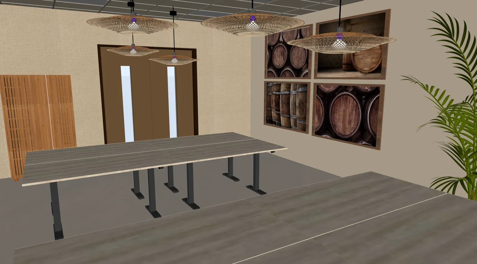 3D-ontwerp van de vergaderzaal met fotowand en rieten lampen