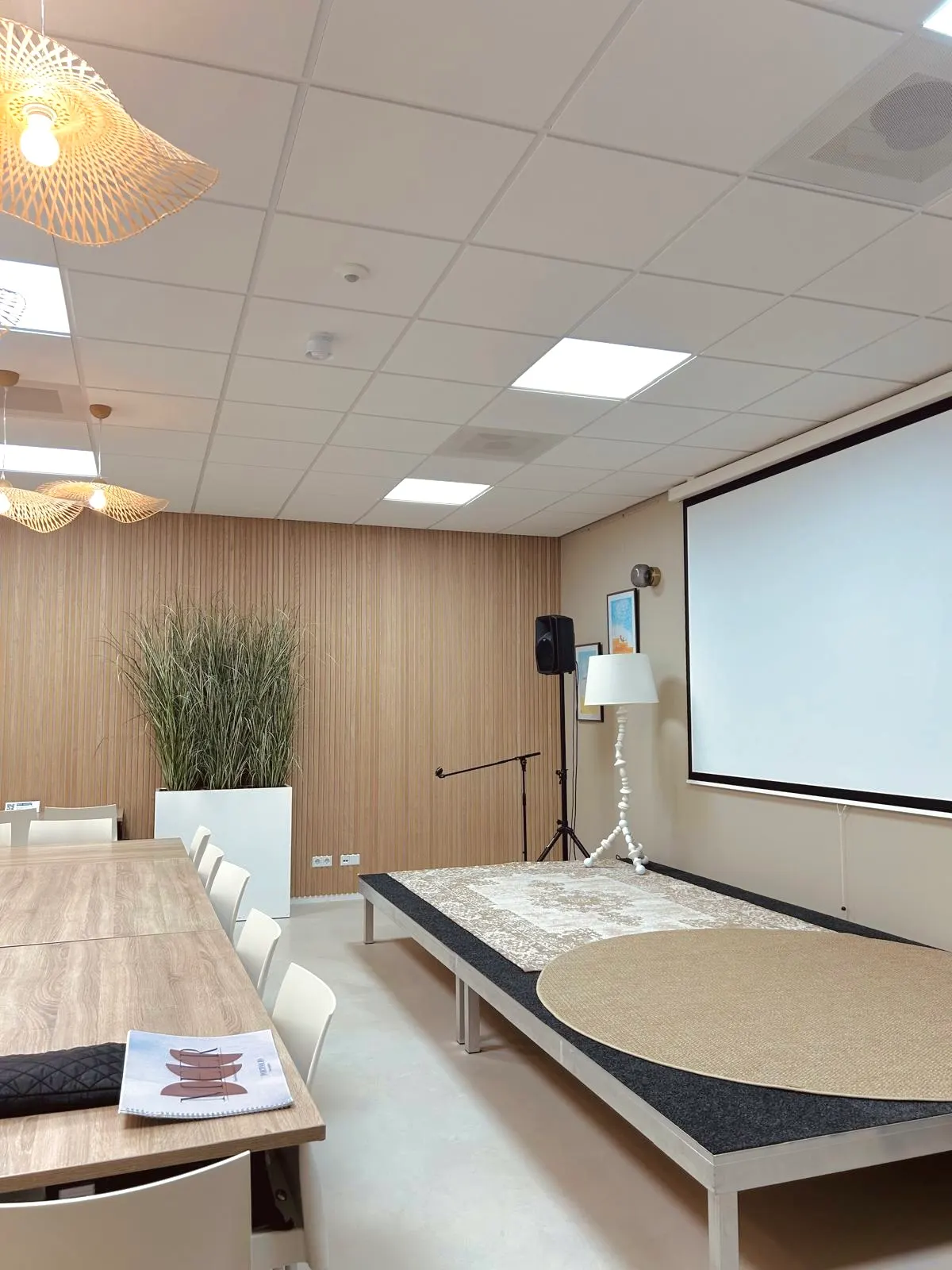 Vergaderruimte met podium, projectiescherm en vloerkleed