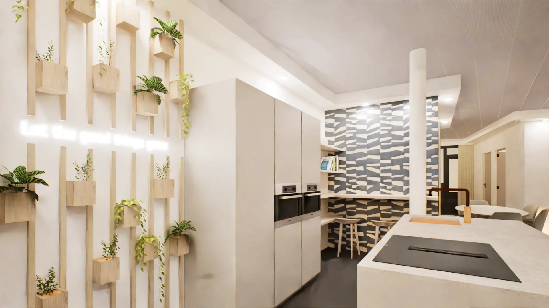 Render van de keuken van BIZZ met plantenwand en neonletters