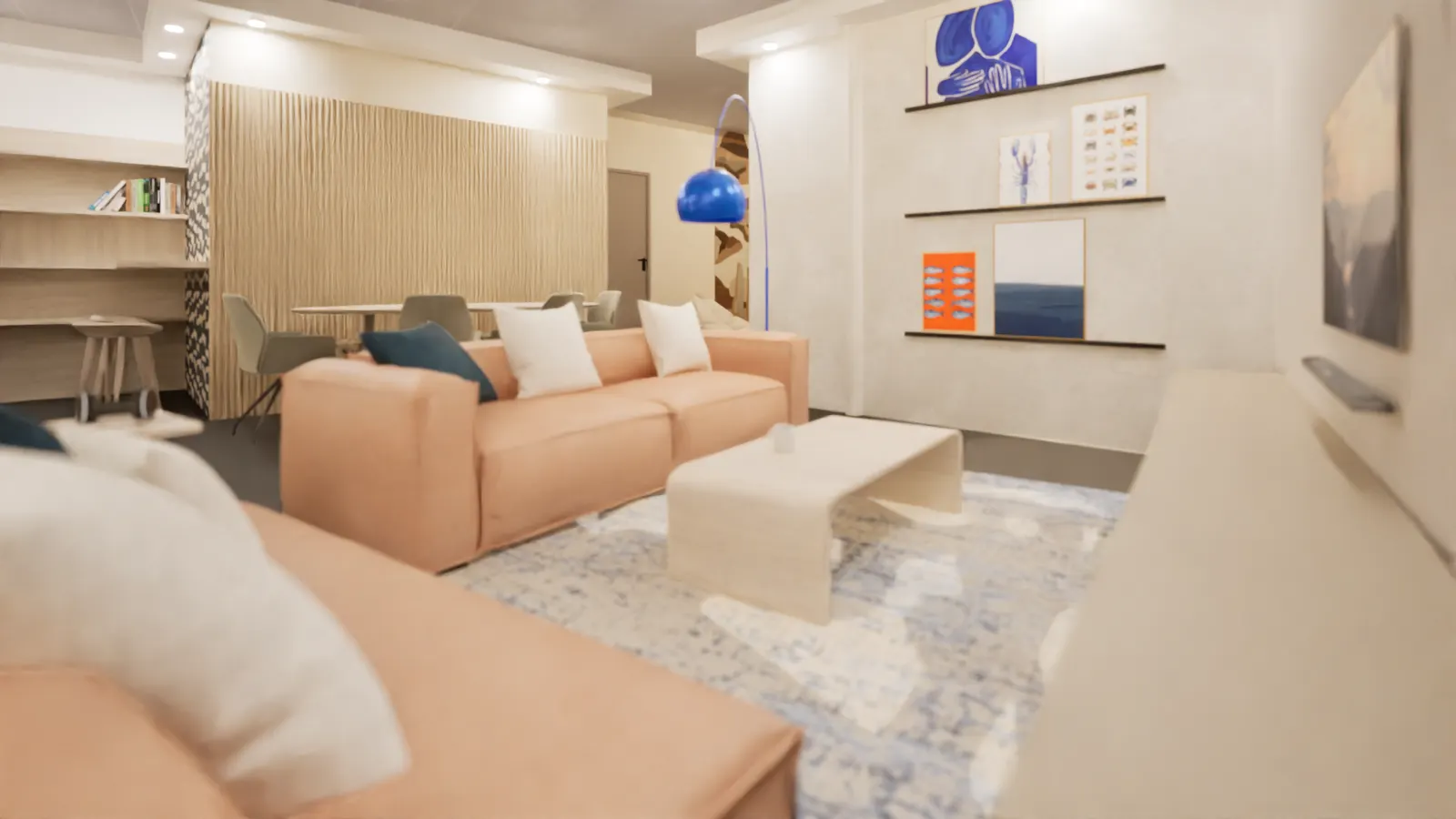 Render van de lounge van BIZZ met zachte banken en blauwe booglamp