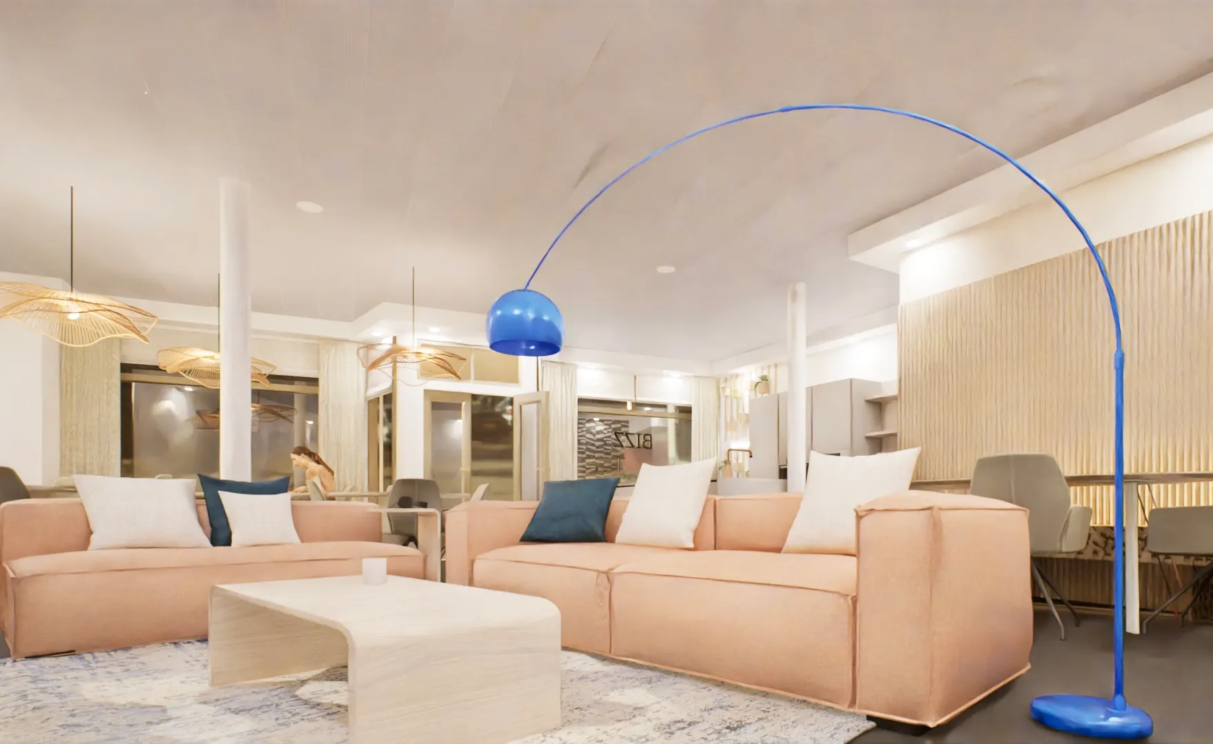Overzichtsrender van de lounge van BIZZ met zithoek en booglamp