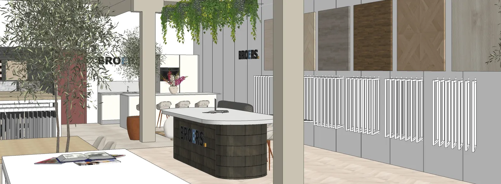 3D-ontwerp van de nieuwe balie en vloerenwand voor showroom Broers